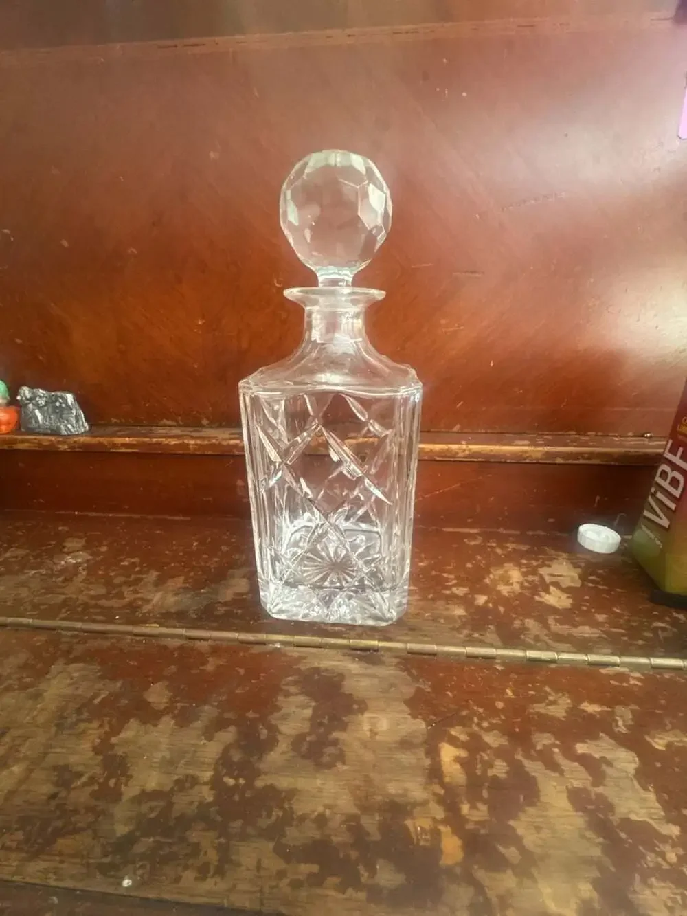 Vintage Square Cut Lead Crystal Whiskey Decanter with Faceted Stopper
